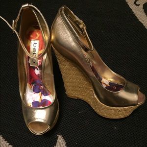 Gold Peep Toe Bebe Wedges